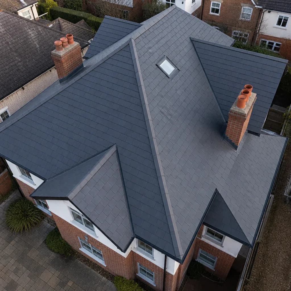 Aerial view of a completed dark slate roof on a UK residential property